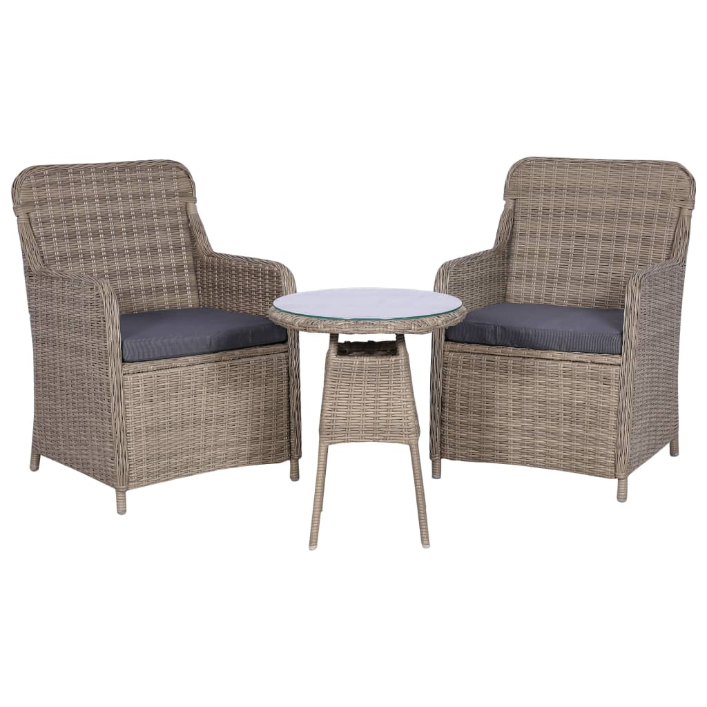 3 Piece Bistro Set with Cushions Poly Rattan Brown - 64×65×90cm