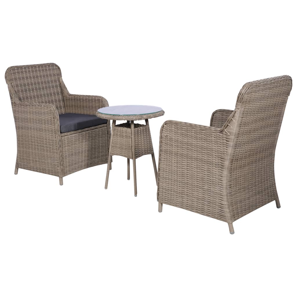 3 Piece Bistro Set with Cushions Poly Rattan Brown - 64×65×90cm