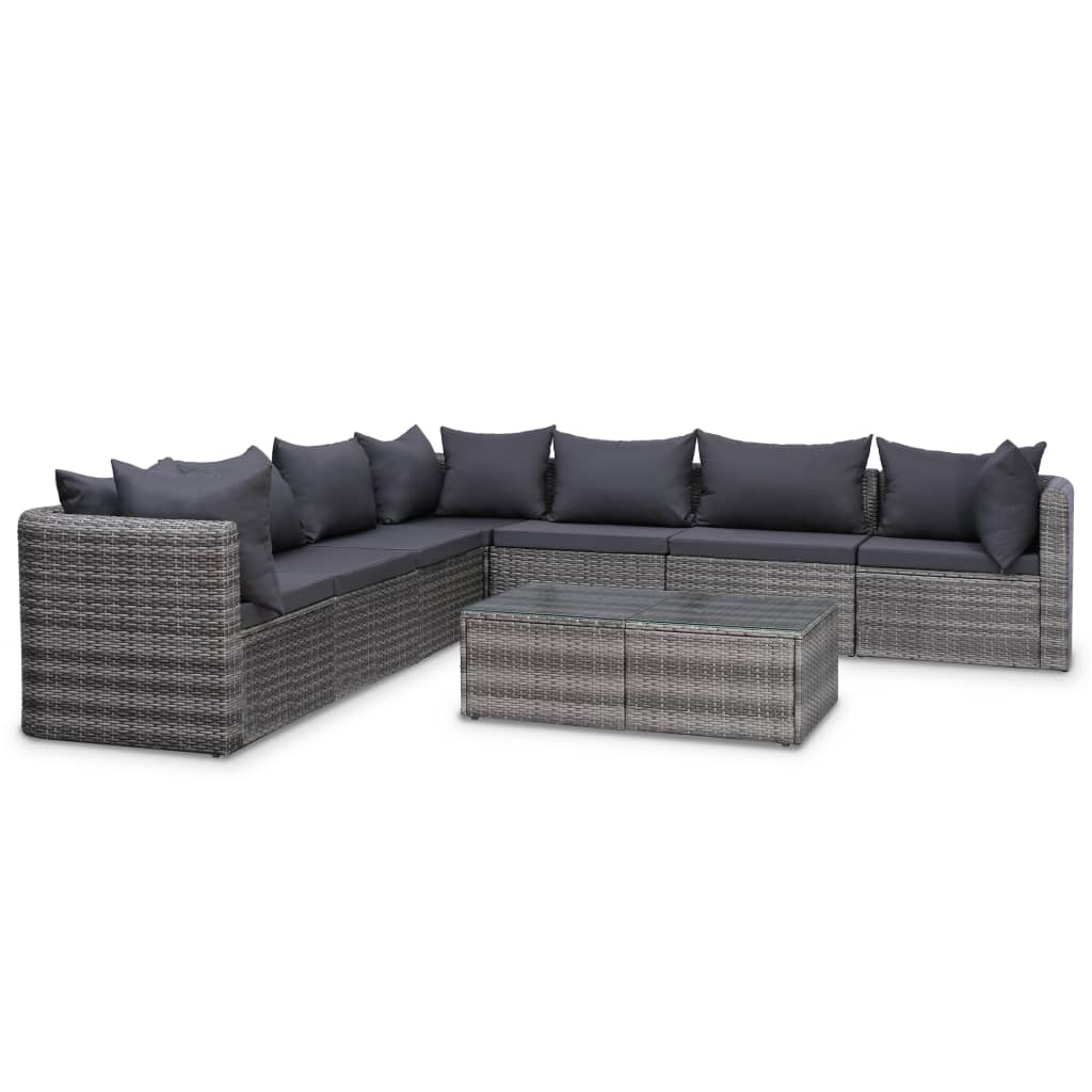 8 Piece Garden Lounge Set with Cushions Poly Rattan Grey - 72×72×63cm