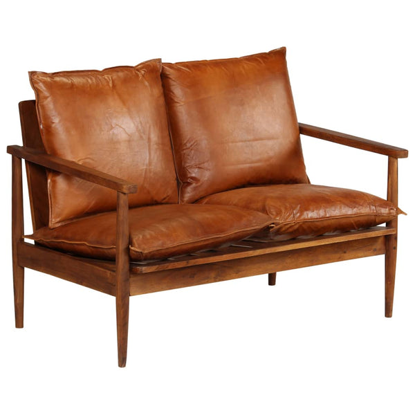  2-Seater Sofa Real Leather with Acacia Wood Brown