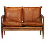 2-Seater Sofa Real Leather with Acacia Wood Brown