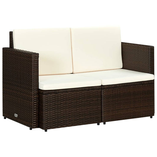 2 Seater Garden Sofa with Cushions Brown Poly Rattan - 118×65×74cm