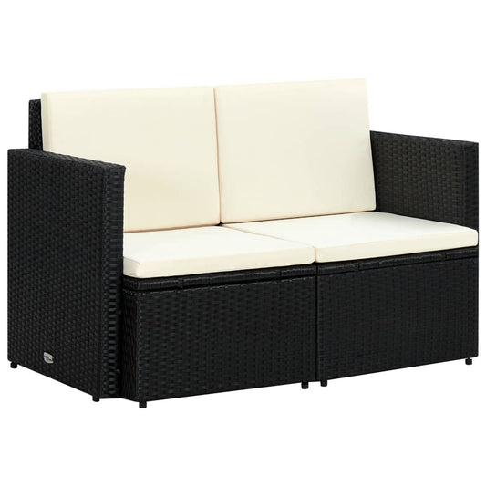2 Seater Garden Sofa with Cushions Black Poly Rattan - 118×65×74cm