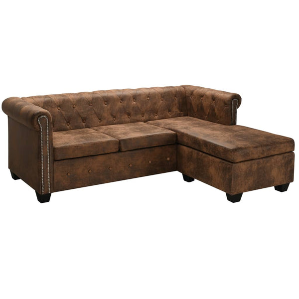  L-shaped Chesterfield Sofa Artificial Suede Leather Brown