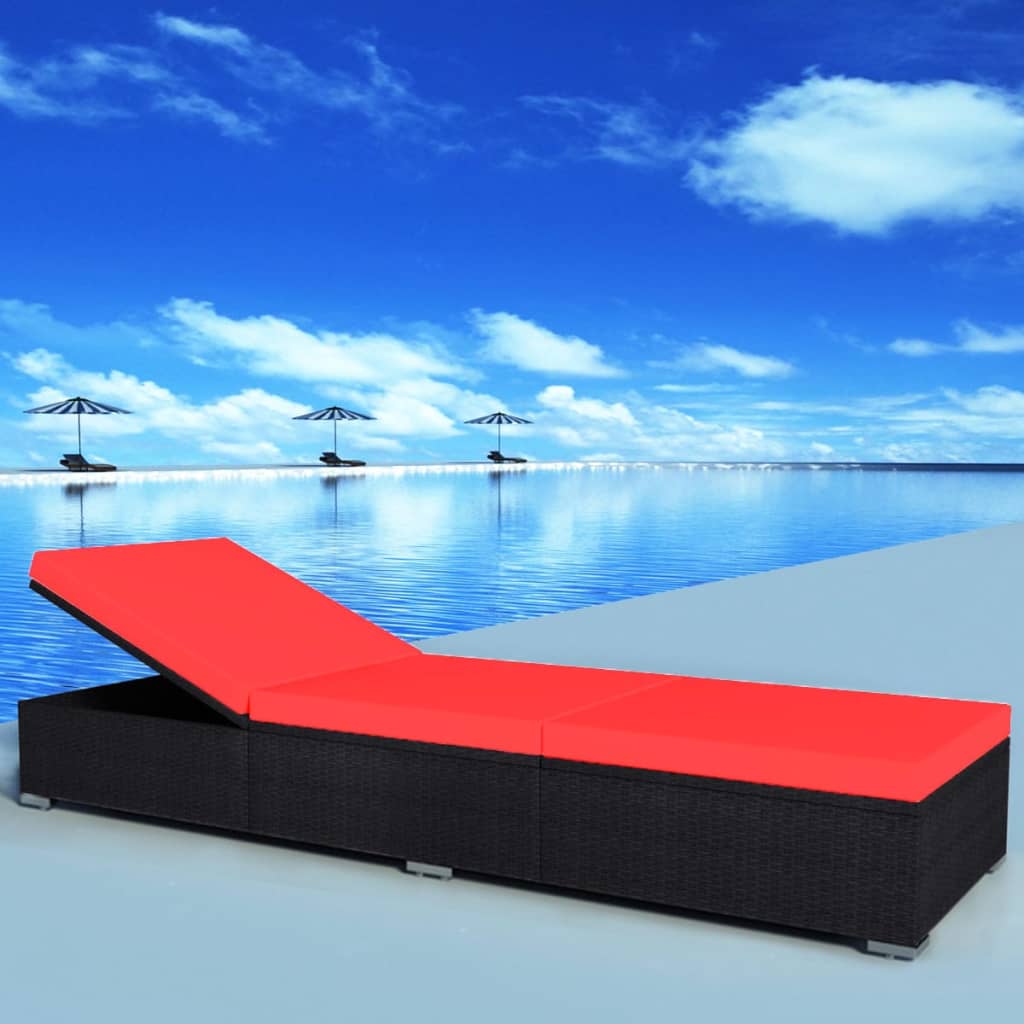 Sun Lounger with Cushion Poly Rattan Black - Black And Red