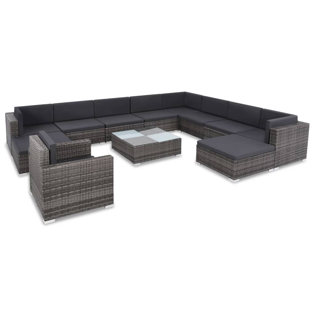 12 Piece Garden Lounge Set with Cushions Poly Rattan Grey - 74×74×26cm