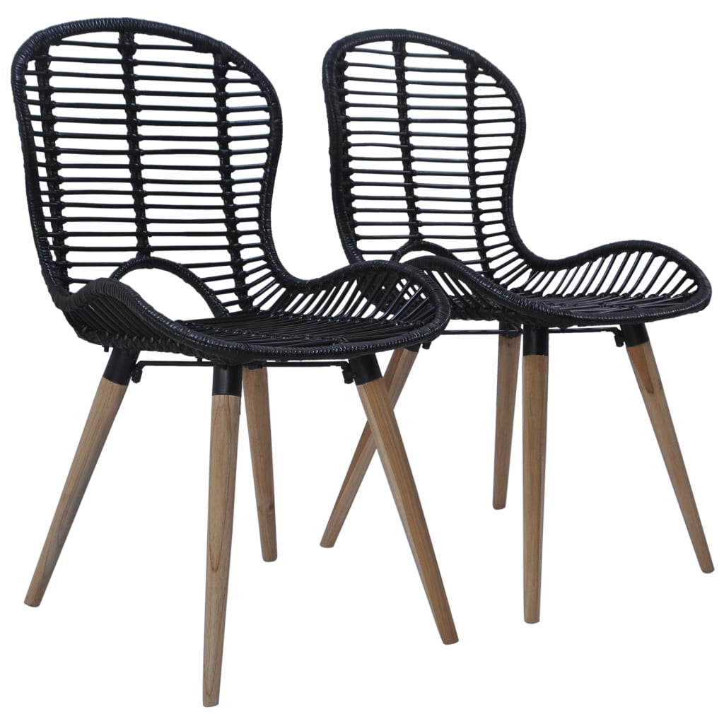 Dining Chairs 2 pcs Black Natural Rattan - 48×64×85cm