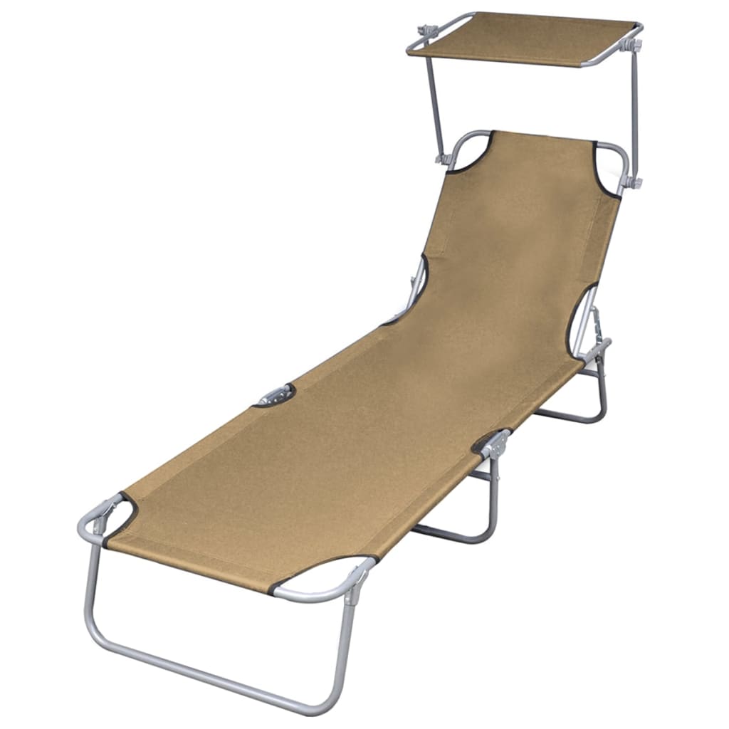 Folding Sun Lounger with Canopy Steel Taupe - 189×58×27cm