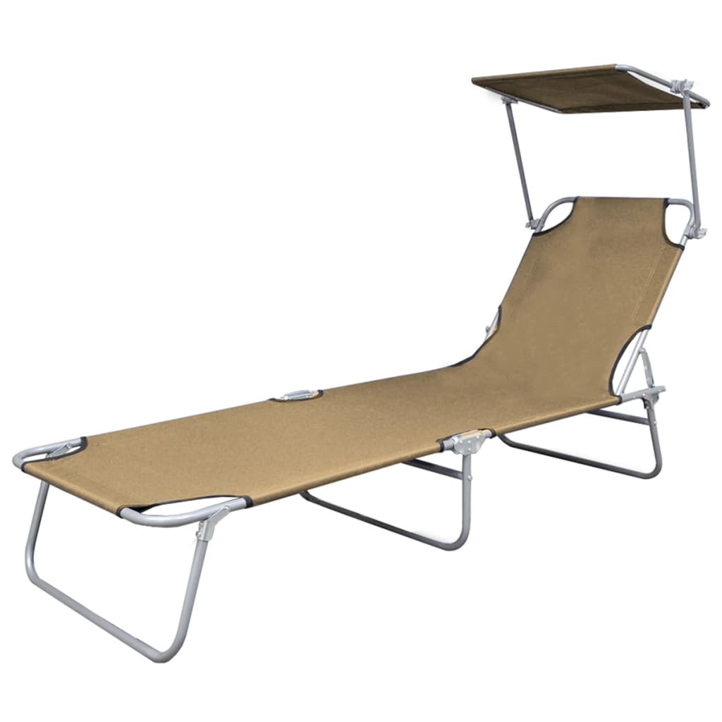 Folding Sun Lounger with Canopy Steel Taupe - 189×58×27cm