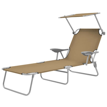 Folding Sun Lounger with Canopy Steel Taupe - 58×189×27cm