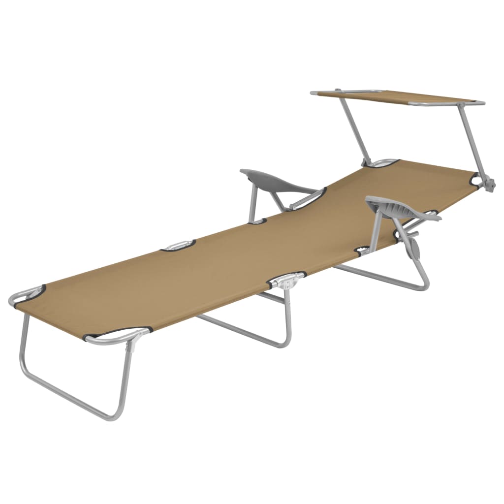 Folding Sun Lounger with Canopy Steel Taupe - 58×189×27cm