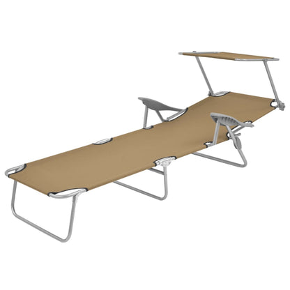 Folding Sun Lounger with Canopy Steel Taupe - 58×189×27cm