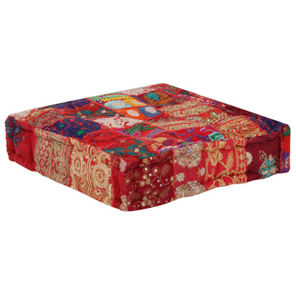 Patchwork Pouffe Square Cotton Handmade Red