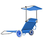 Folding Sun Lounger with Canopy and Wheels Steel Blue