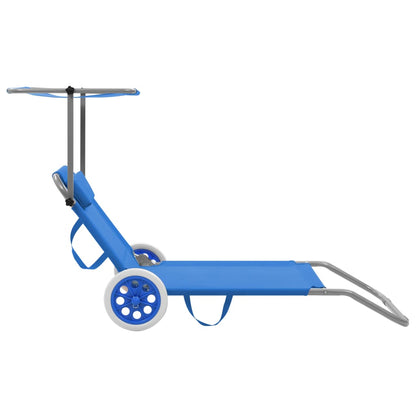 Folding Sun Lounger with Canopy and Wheels Steel Blue