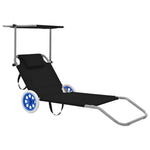 Folding Sun Lounger with Canopy and Wheels Steel Black