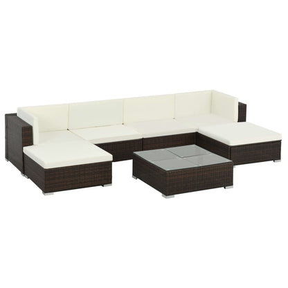 7 Piece Garden Lounge Set with Cushions Poly Rattan Brown - 74×74×26cm