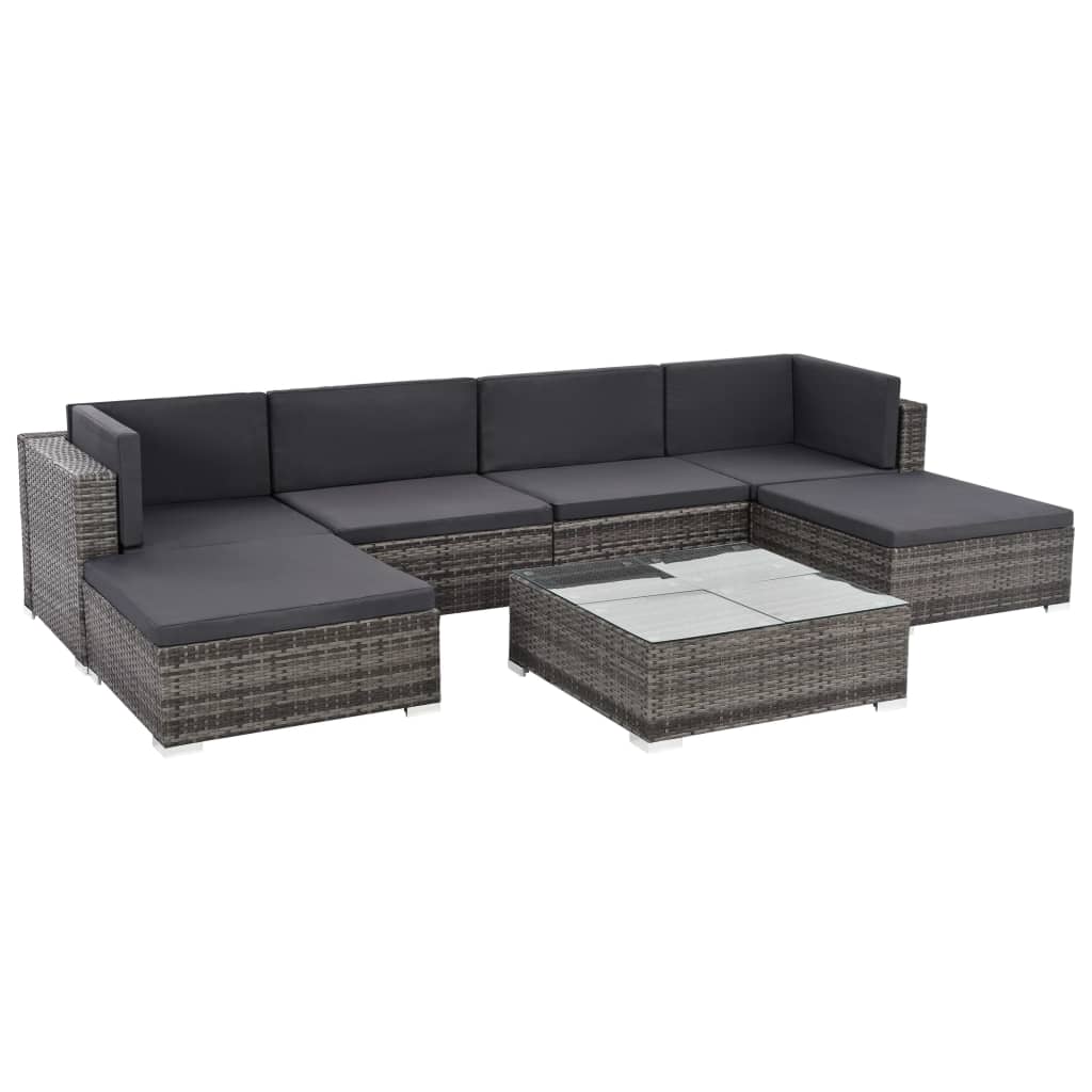 7 Piece Garden Lounge Set with Cushions Poly Rattan Grey - 74×74×26cm