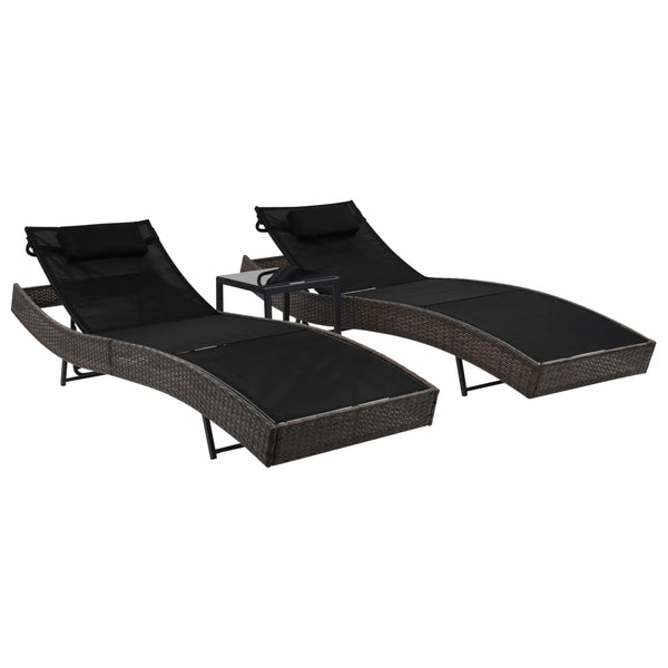  Sun Loungers 2 pcs with Table Poly Rattan and Textilene Brown