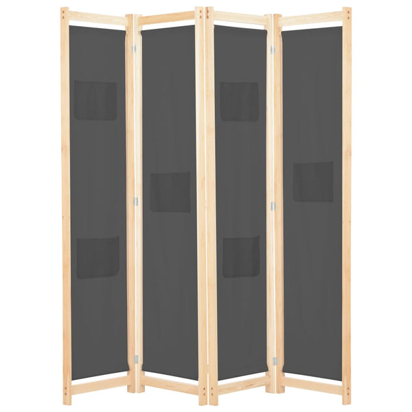  4-Panel Room Divider Grey Fabric