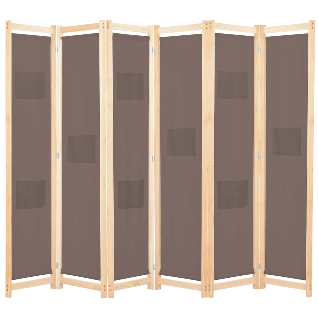 6-Panel Room Divider Brown Fabric - 240×170×4cm