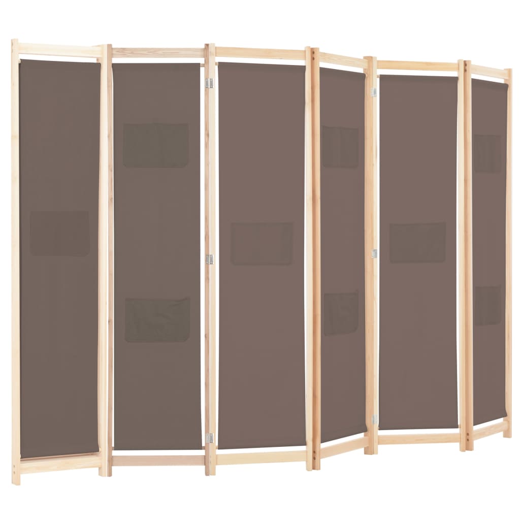 6-Panel Room Divider Brown Fabric - 240×170×4cm