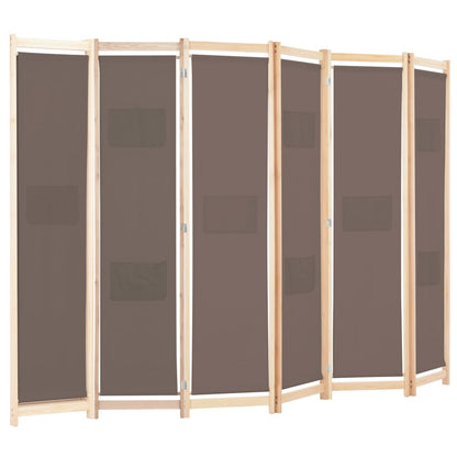6-Panel Room Divider Brown Fabric - 240×170×4cm