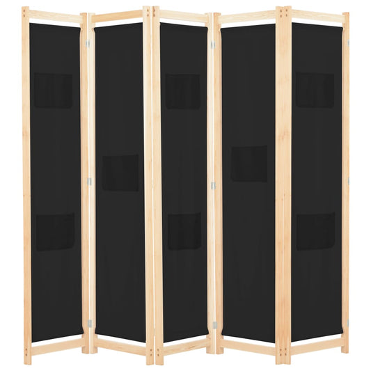 5-Panel Room Divider Black Fabric