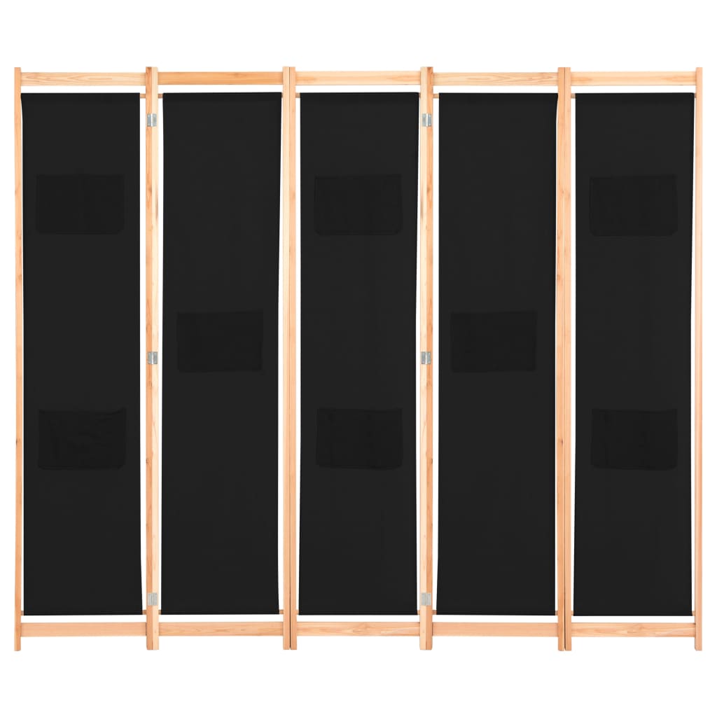 5-Panel Room Divider Black Fabric