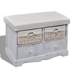 White Wooden Storage Bench 2 Weaving Baskets 2 Drawers