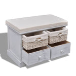 White Wooden Storage Bench 2 Weaving Baskets 2 Drawers