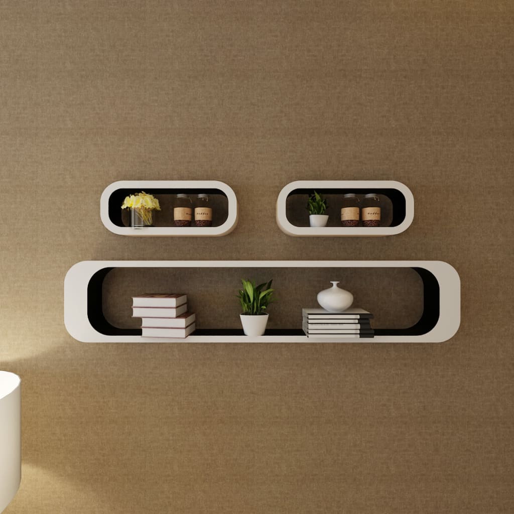 3 White-black MDF Floating Wall Display Shelf Cubes Book/DVD Storage