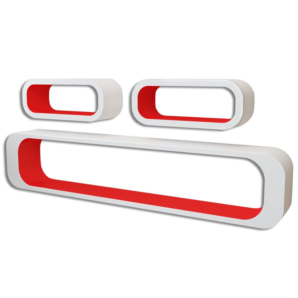 3 White-red MDF Floating Wall Display Shelf Cubes Book/DVD Storage - 95×16×17.5cm