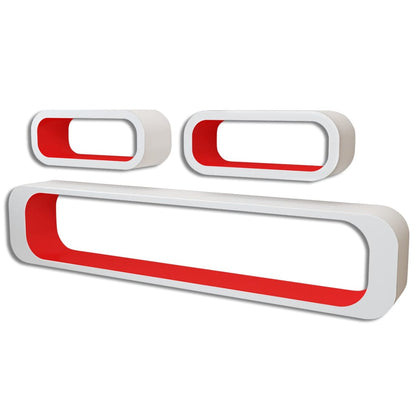 3 White-red MDF Floating Wall Display Shelf Cubes Book/DVD Storage - 95×16×17.5cm