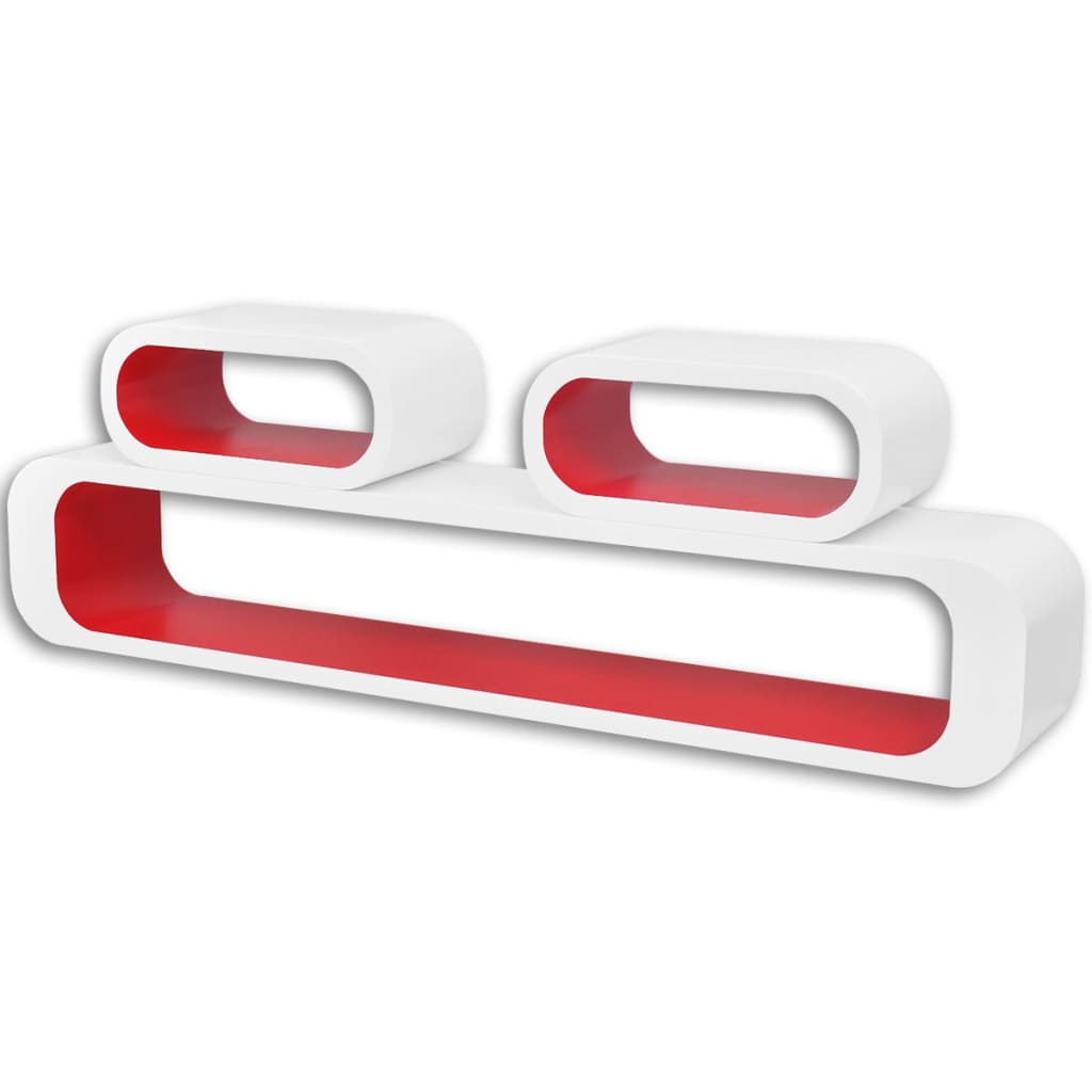 3 White-red MDF Floating Wall Display Shelf Cubes Book/DVD Storage - 95×16×17.5cm