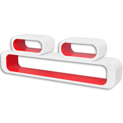 3 White-red MDF Floating Wall Display Shelf Cubes Book/DVD Storage - 95×16×17.5cm