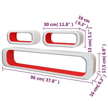 3 White-red MDF Floating Wall Display Shelf Cubes Book/DVD Storage - 95×16×17.5cm