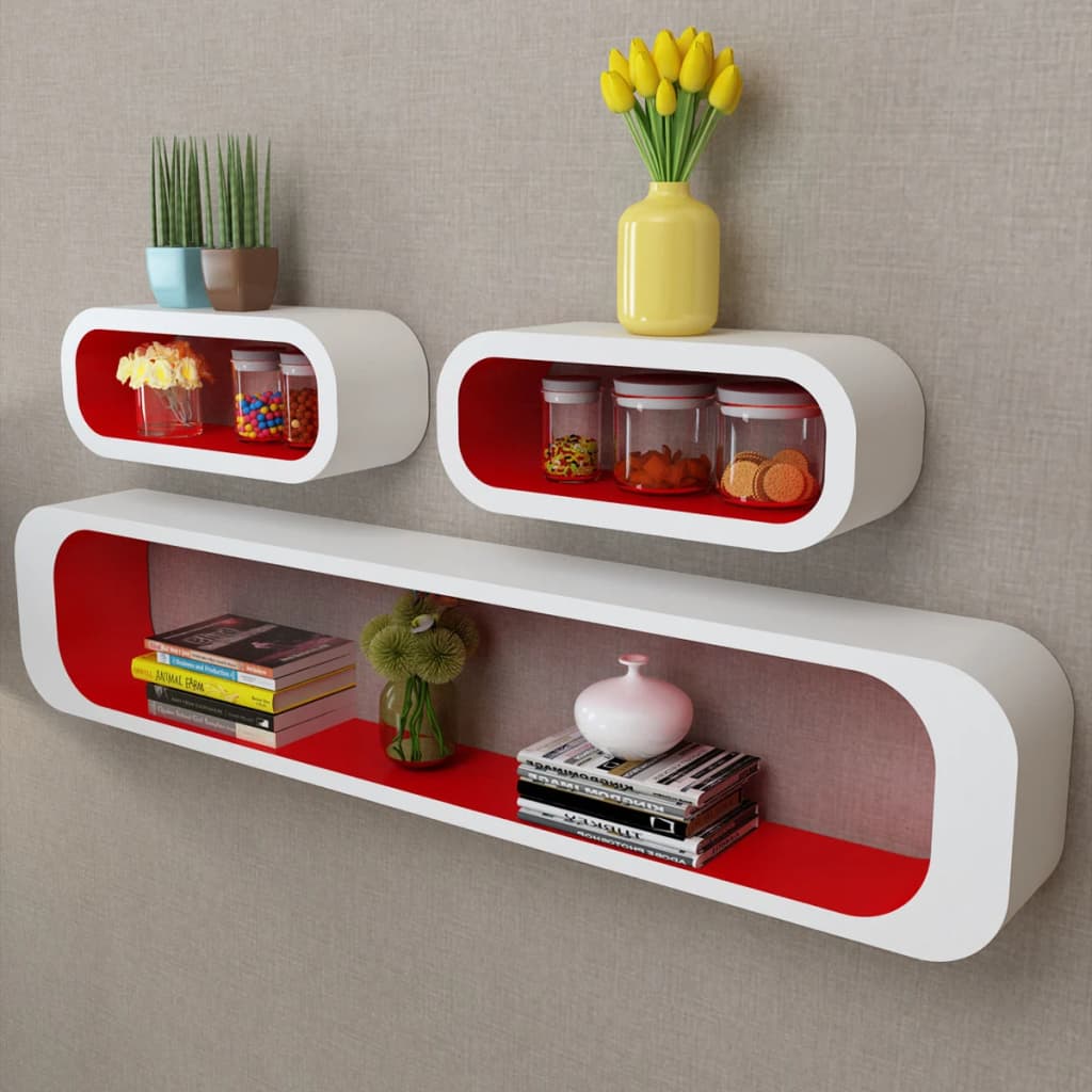 3 White-red MDF Floating Wall Display Shelf Cubes Book/DVD Storage - 95×16×17.5cm