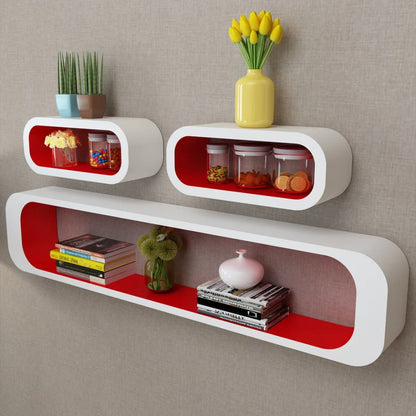 3 White-red MDF Floating Wall Display Shelf Cubes Book/DVD Storage - 95×16×17.5cm