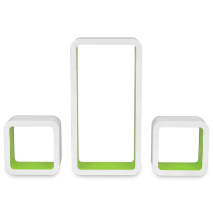 3 White-green MDF Floating Wall Display Shelf Cubes Book/DVD Storage