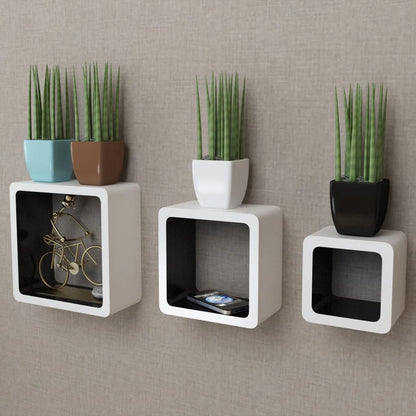 3 White-black MDF Floating Wall Display Shelf Cubes Book/DVD Storage - 23×10×23cm
