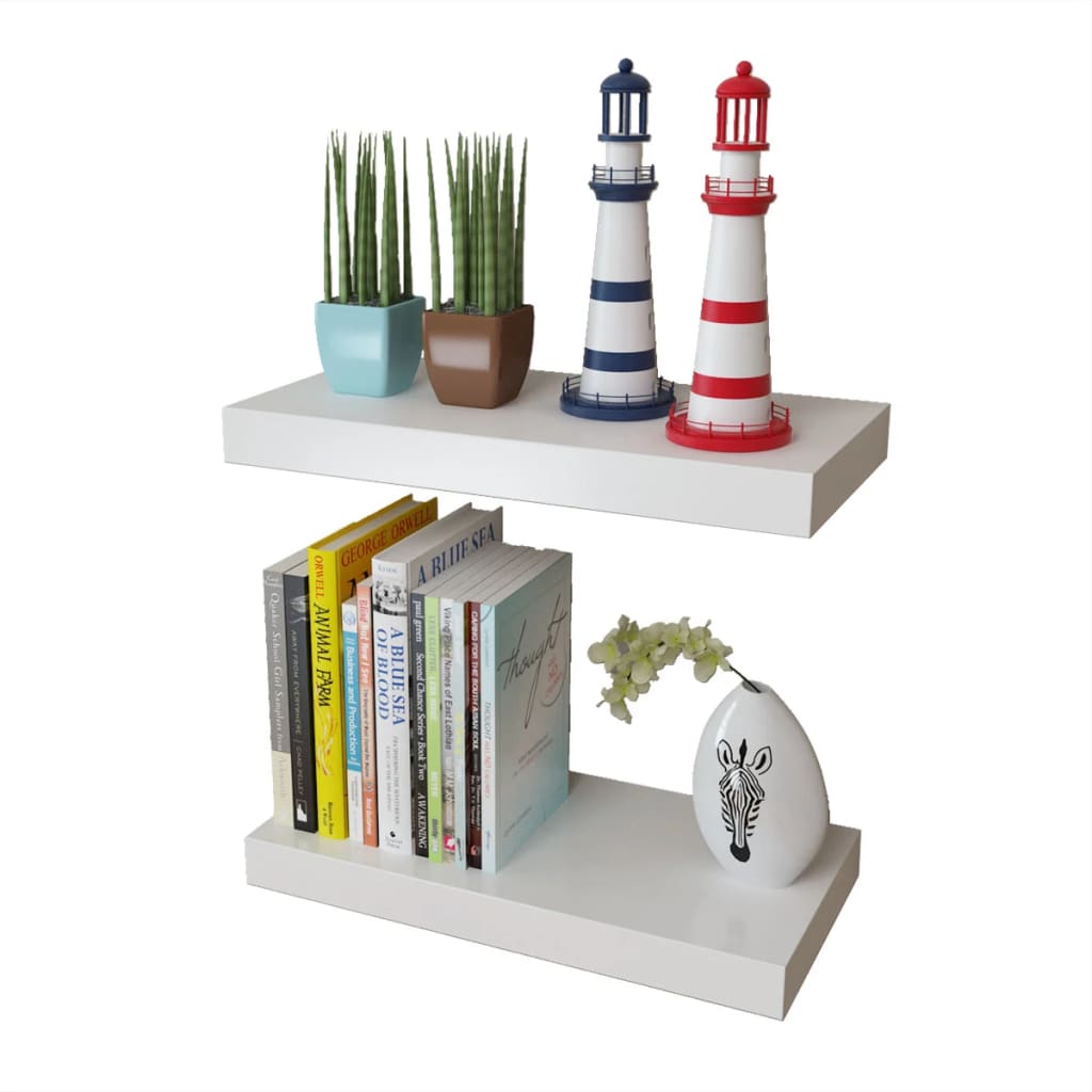 2 White MDF Floating Wall Display Shelves Book/DVD Storage - 40×20×3.8cm