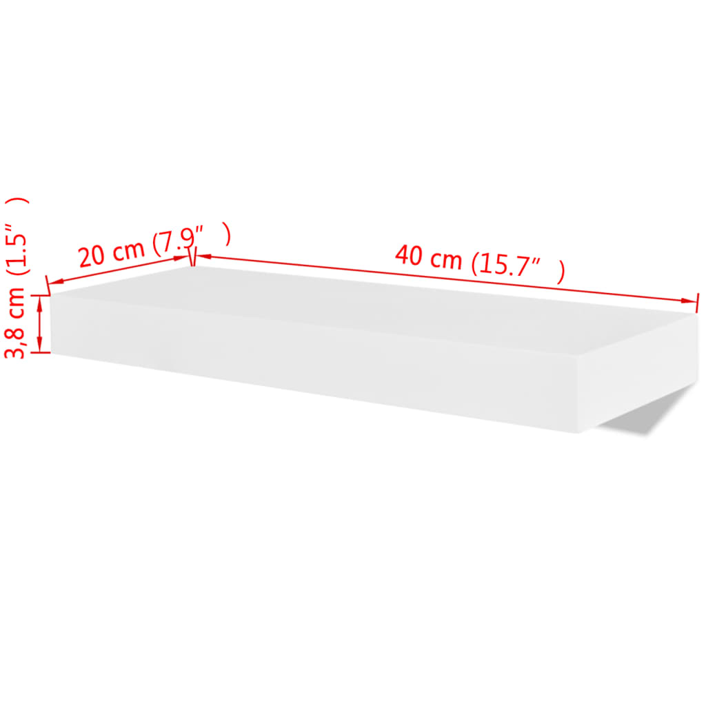 2 White MDF Floating Wall Display Shelves Book/DVD Storage - 40×20×3.8cm