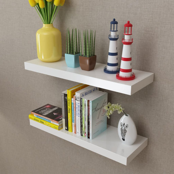  2 White MDF Floating Wall Display Shelves Book/DVD Storage