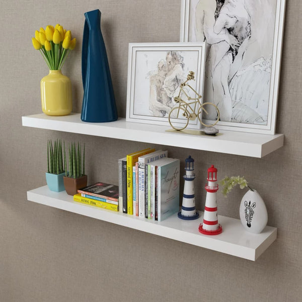  2 White MDF Floating Wall Display Shelves Book/DVD Storage