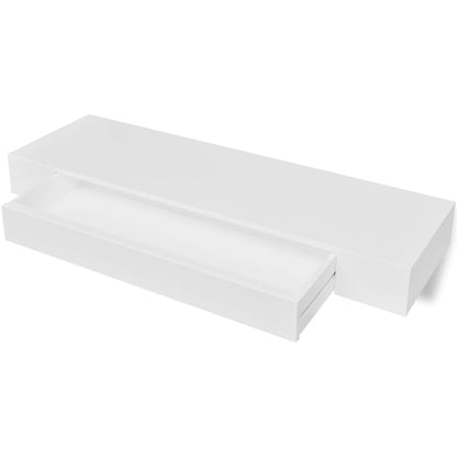 White MDF Floating Wall Display Shelf 1 Drawer Book/DVD Storage - 80×25×8cm