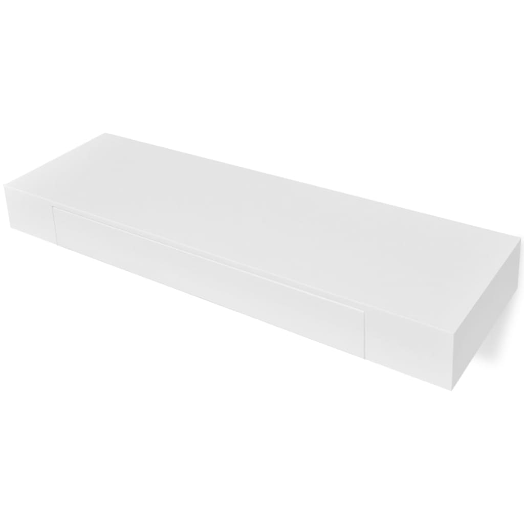 White MDF Floating Wall Display Shelf 1 Drawer Book/DVD Storage - 80×25×8cm