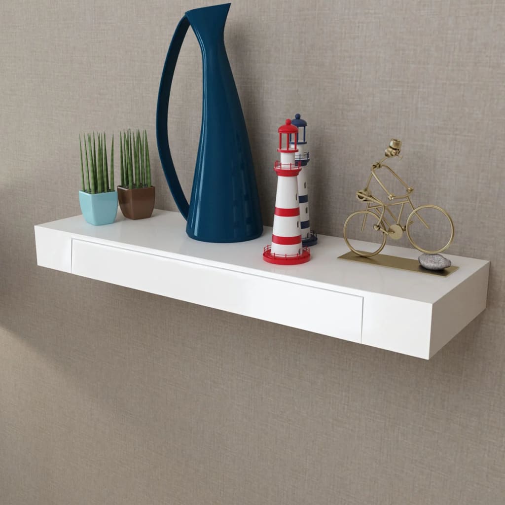 White MDF Floating Wall Display Shelf 1 Drawer Book/DVD Storage - 80×25×8cm