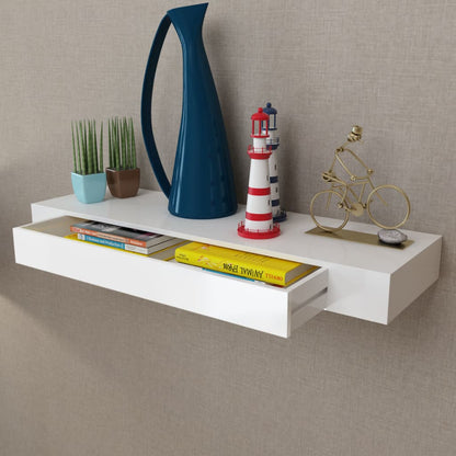 White MDF Floating Wall Display Shelf 1 Drawer Book/DVD Storage - 80×25×8cm