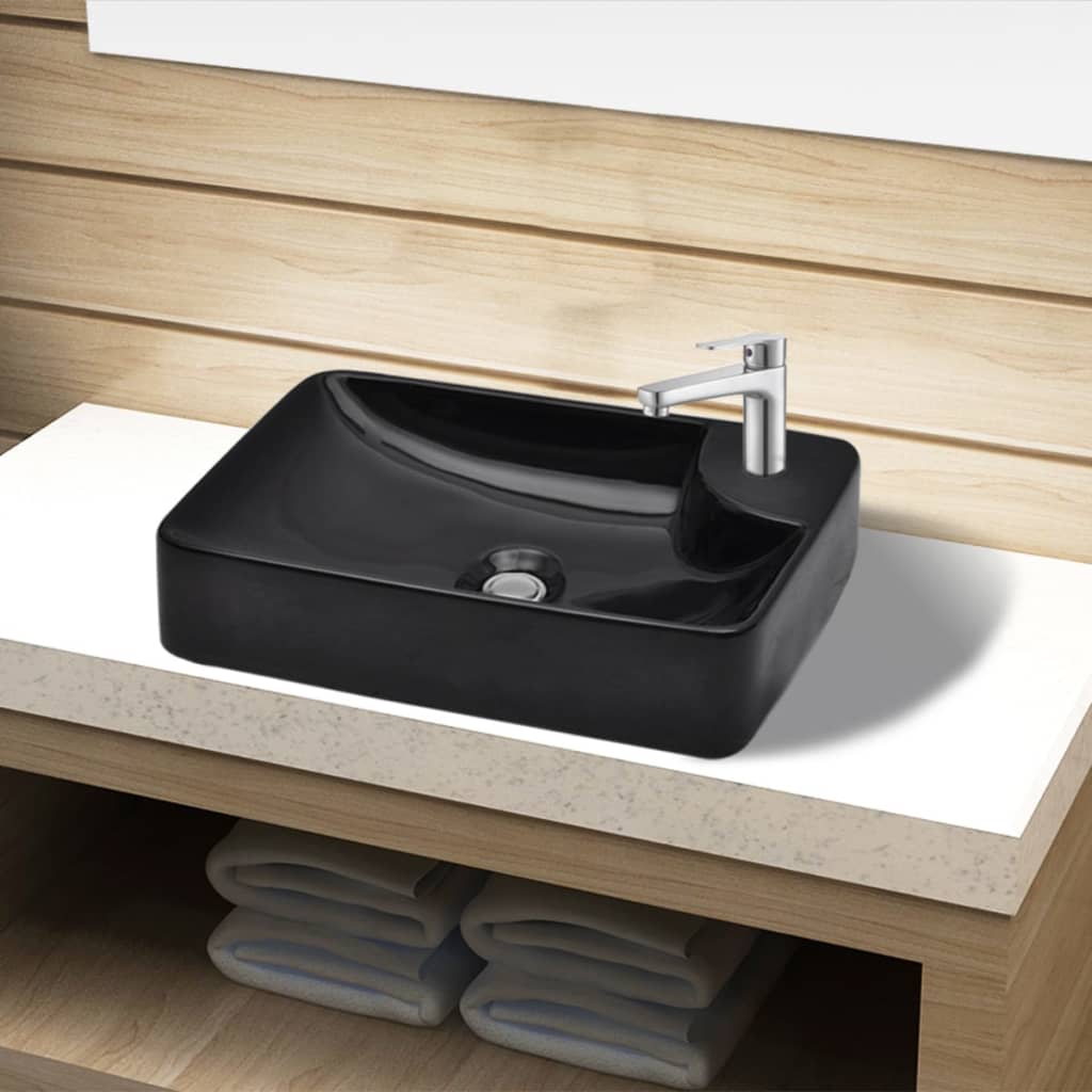 Ceramic Bathroom Sink Basin with Faucet Hole Black - 440×250×100mm